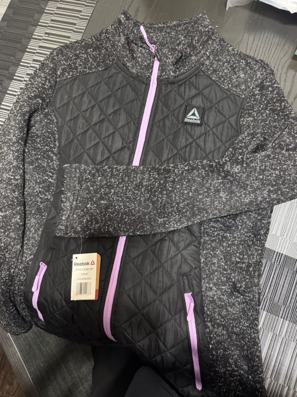 Reebok Black Quilted & Heathered Jacket with Pink Trim